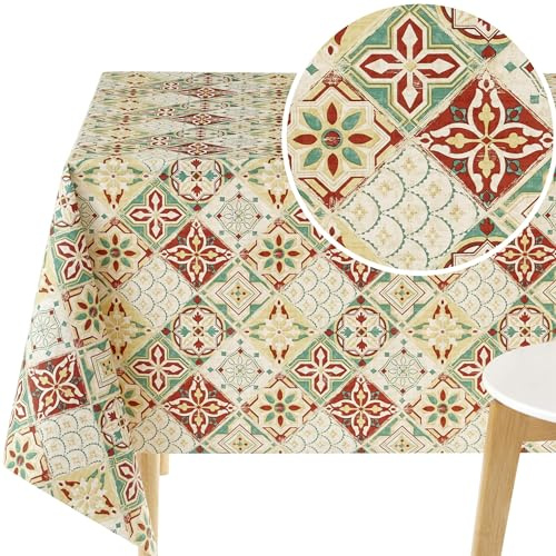 KP HOME Waterproof PVC Tablecloth - Rectangle Oilcloth 98 X 55 in | 250 X 140 cm - Lisbon Tiles Vinyl Table Cloth Wipe Clean - Wipeable Kitchen Plastic Table Cover in Moroccan Azulejo