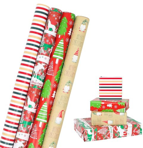 HBell Große Weihnachts-Geschenkpapierrollen, 4 Rollen, 76 cm x 305 cm, Weihnachts-Geschenkpapier für Weihnachten, Neujahr, Geburtstag, Babyparty, Party, festliche Dekorationen
