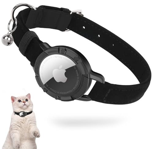 Airtag Katzenhalsband Samt, Integriertes Apple Air Tag Katzen Halsbänder, GPS, mit Airtag Halterung & Glocke Leichtes Tracker, Mädchen/Jungen [Schwarz,S]