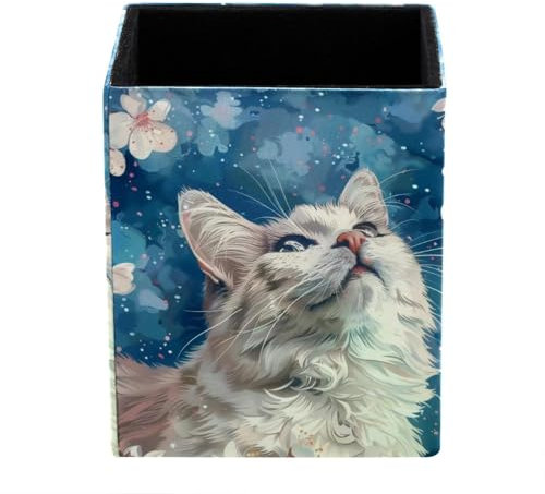 Stiftehalter mit rosa Blumen, weißer Katze, Schreibtischbedarf, Aufbewahrung von Schreibwaren und Zubehör, Bleistift-Organizer für Schreibtisch, Bleistiftbecher, Make-up-Pinselhalter für Büro, Schule,