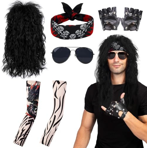 Meleager Disfraz Años 70 80 90, Disfraz Rockero, Disco Costumes, Accesorios Disfraz Punk con Peluca Guantes Gafas de Sol Banda Cabello Tatuaje Mangas, para Carnaval & Fiesta Temática