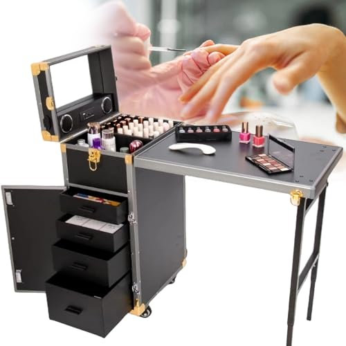 XCSCUK Rollbarer mobiler Maniküre-Schreibtisch, Faltbarer Nageltisch, multifunktionaler Make-up-Tisch, mit Stauraum/Spiegel/Bluetooth-Lautsprecher (BlackGold)