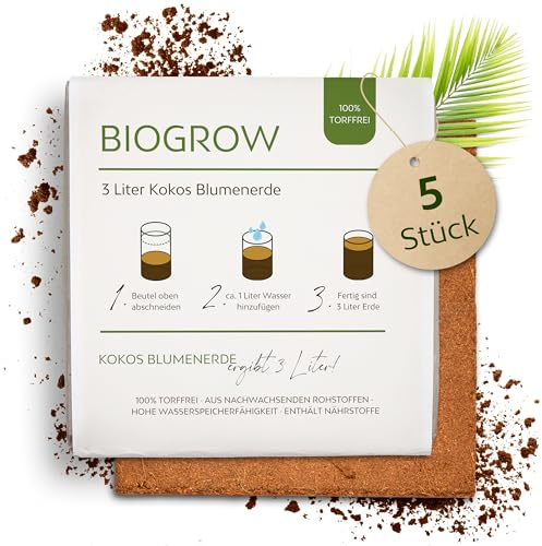 Bio Kokoserde gepresst im Quellbeutel - Biologisch abbaubare, torffreie Anzuchterde aus 100% Kokosfasern (3 Liter, 5 Stück)