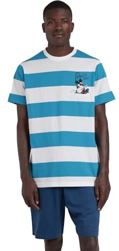 Disney Pijama Hombre Manga Corta Ride The Wave en Algodón, Cuello Redondo y Pantalón Corto con Cinturilla Ajustable y Bolsillos, Camiseta con Raya Tejida Color Azul Talla L