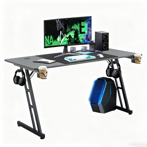 YRHome Mesa de gaming, 160 x 60 cm, estable, con soporte para bebidas y revestimiento de fibra de carbono, 2 aberturas para cables, mesa de gamer, mesa de oficina, sin LED