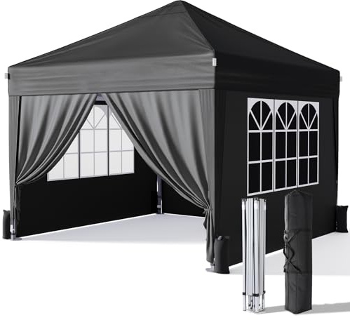 Driftalia Gazebo with Sides 3m x 3m, Waterproof Pop Up Gazebo with 4 Sandbags and Carry Bag for Parties, Camping, Commercial Events - Black