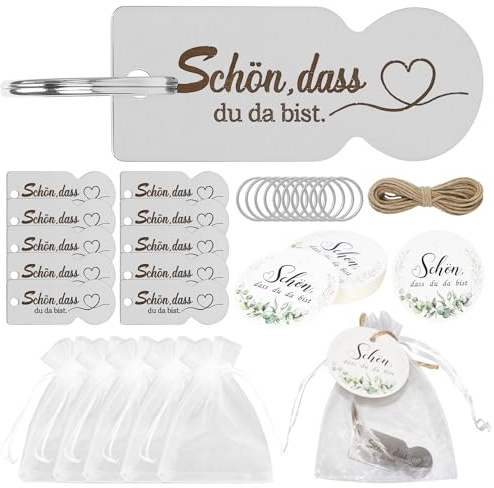 20 stycken akryl kundvagnschip Trevlig att du är där, nyckelringspaket med etiketter kraftpapper och organzapåsar, gästpresent till bröllop examen dop födelsedagar firande