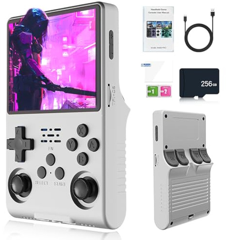 New R40S Pro 30000 in 1 Handheld Game Console 256G, 3.5-Inch IPS Screen Linux System Mini Retro Video Console Built in 45+ Emulators, 3800mAh Battery（White）