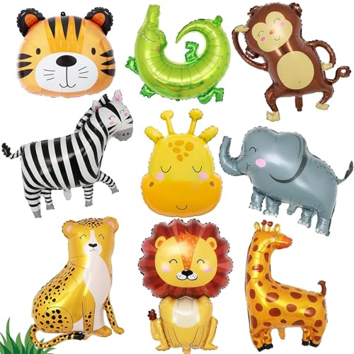 9PCS Ballons Animaux Jungle, Jungle Safari Ballons,Géant Animal Feuille D'aluminium,3D Lion,Léopard,Crocodile,Tigre,Girafe,Zèbre,Singe,Thème Fête Décoration,Pour anniversaire d'enfant