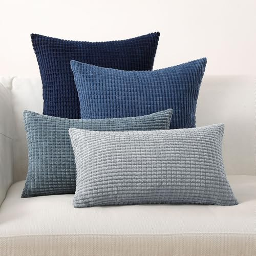 4er Set Kissen-Bezug inklusive Füllung, Modell Sven, Kord Samt Sofakissen Farbverlauf abgestimmit Couchkissen Dekokissen Zierkissen Kopfkissen, mit Reisverschluss, weich & angenehm (Blau, 30 x 50 cm)