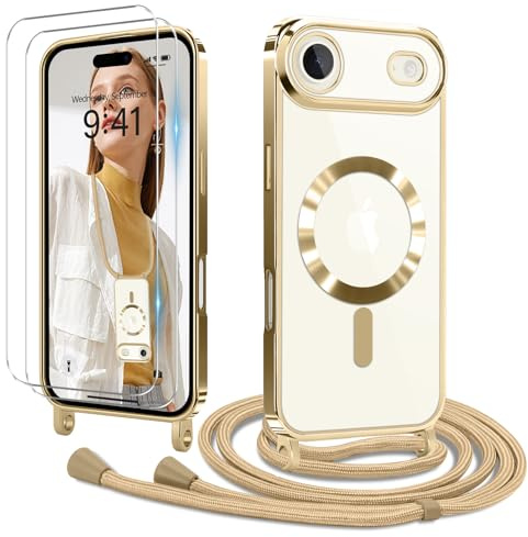 Ethanger Handyband für iPhone AIR Hülle mit Band + 2 Stück Glas Schutzfolie Transparent Silikon Handyhülle Magnetische Schutzhülle Case zum Umhängen Kordel für iPhone 17 AIR Gold