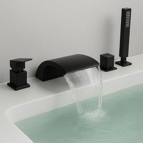 XJTNLB Badewannenarmatur Wasserfall mit Brause Wannenarmatur 4 Loch Mischbatterie Badewanne Schwarz Duscharmatur Einhebelmischer