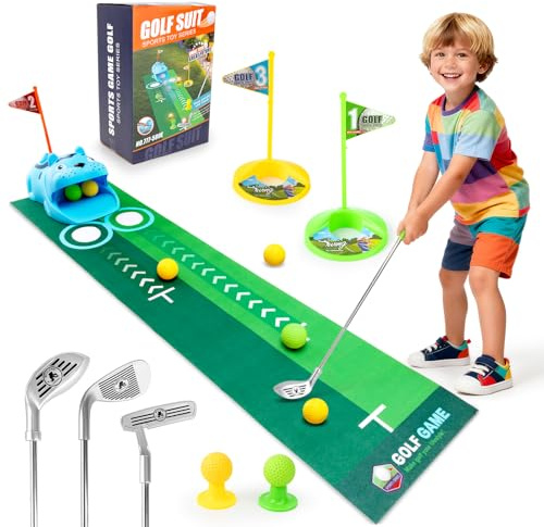 Funsland Kinder Golf Spiel Set:3-8 Minigolfspiele für Kleinkinder mit Automatischem Golfballrücklauf,8 Golfbällen,3 Schlägern,Putting-Matte – Sport Spielzeug für Jungen und Mädchen