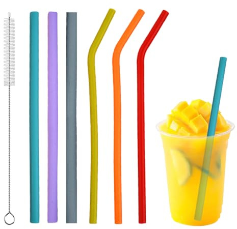 Juego de 6 Pajitas de Silicona Reutilizables con Cepillo Limpiador, para Bebidas Frías y Calientes, Ideal para Niños y Adultos (3 Rectas y 3 Curvas, 6 Colores)