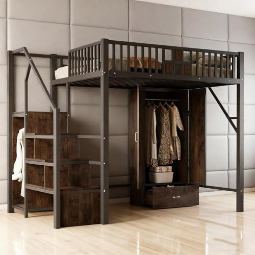 Cama alta de metal de 140 x 200 cm, color negro, con barandilla de madera y metal y escalera de almacenamiento, armario y cajones integrados, sistema de almacenamiento completo