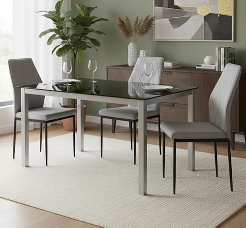 Meyvaser.com Ecommerce Company Mesa de Comedor Fija con Tapa de Cristal Negro y Patas Metálicas en Gris Plata – 140x90x75 cm – Diseño Moderno y Elegante