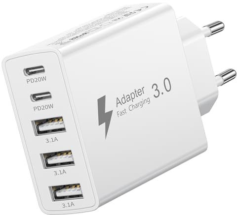 Chargeur USB C, 50W 5 Port Prise Chargeur Rapide USB C, Multiple Secteur PD+QC 3.1A Type C Adaptateur pour iPhone 17 16 15 14 13 12 11 Pro Max X XS XR 8 7 6S Plus Mini SE, iPad, Samsung Galaxy