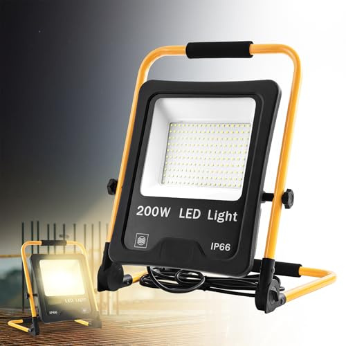 Suusolny Faretto da costruzione a LED da 200 W, con supporto a forma di U, 16000 lm, lampada da lavoro con spina, IP66, impermeabile, con cavo da 3 m, pieghevole, per officina, cantiere, studio
