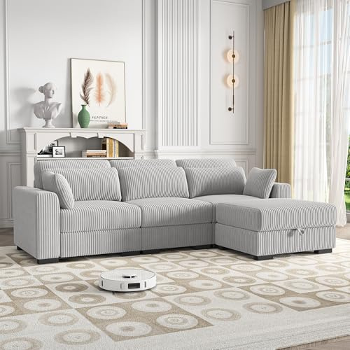 QMTXBYJ Modernes Ecksofa 3 Sitzer Sofa mit 1 Stauraum-Ottomane, Dreisitzer Stoffsofa aus Cordstoff, Großes Sektionssofa mit Kissen, Modulares Sofa, Eckcouch in L-Form Rechts/Links für Wohnzimmer
