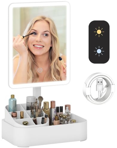 HOMCOM Espejo Maquillaje con Luz LED Espejo Tocador Recargable Blanco | 2 Modos de Iluminación, Rotación de 180°, Brillo Ajustable, Compartimentos, Interruptor Táctil, para Cuidado de Piel