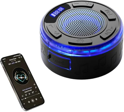PUSOKEI Bluetooth-Duschlautsprecher mit 360°-HD-Stereo-Sound, IPX6 Wasserdichter Kabelloser Lautsprecher mit RGB-Lichtern, Saugnapf und Mikrofon, LED-Display, Kleines Duschradio (Black)