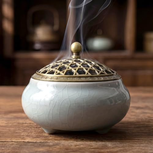 Dazhtu BrûLeur Dencens CéRamique, Vintage Brûleur D'encens avec Couvercle en Métal Tapis Ignifugé pour MéDitation, Yoga AromathéRapie, BrûLeur D’Encens CéRamique DéCoratif La Maison Ou Le Bureau