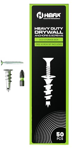 Heifix 50pc Plasterboard Fixings, FREE Screw Bit, Eco Storage Box, Metal | Heavy Duty Metal Self-drilling Plasterboard Fixings With Screws. Ideal For Drywall, Hollow Walls And General Fixing Jobs.