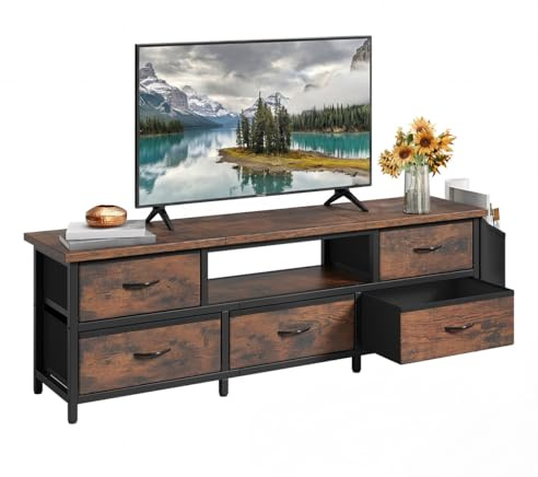 YITAHOME TV-Schrank, TV-Ständer für Wohnzimmer mit 5 faltbaren Schubladen und Regalen, TV-Ständer mit RGB-LED-beleuchtetem TV-Entertainment-Center mit Schrank, 145 x 35 x 50 cm
