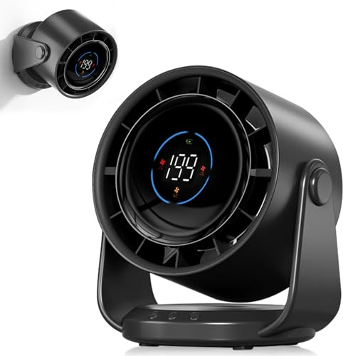 PTHTECHUS Ventilatore da tavolo, forte flusso d'aria, batteria da 5000 mAh, Pantalla LED, 1-199 velocità,ventola portatile, funzione girevole a 105°,montaggio a parete per casa,ufficio,camera (Nero)