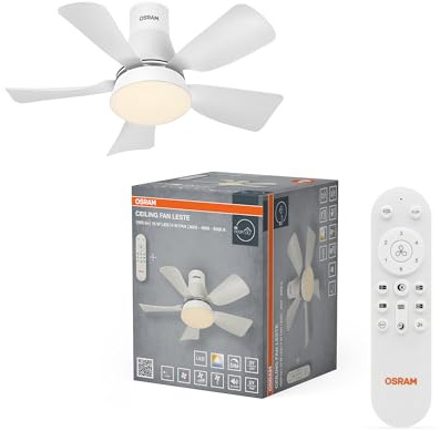OSRAM Ventilador de techo LED Leste, blanco, 21 W, 1.200 lm, 3000/4000/6500 K, 445 mm, ángulo de haz 110°, vida útil 20.000 h, IP20, regulable, mando incluido