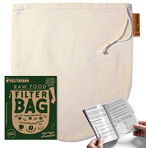 NECTARBAR Nussmilchbeutel Baumwolle 24 x 27 cm – handgefertigt – Eco Nut Milk Bag – Filterbeutel für Mandelmilch & Säfte – waschbar – mit Kordelzug – plastikfrei – Made in Germany – Verpackung DE