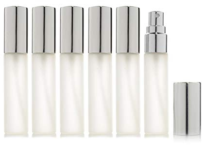 Enslz 6 pcs Frosted Fine Mist 10ml1/3oz Atomizer Glass Bottle Vial Spray Refillable Fragrance Perfume Empty Scent Bottle 2 pcs 3ML Free Pipette (10ml, Silver)