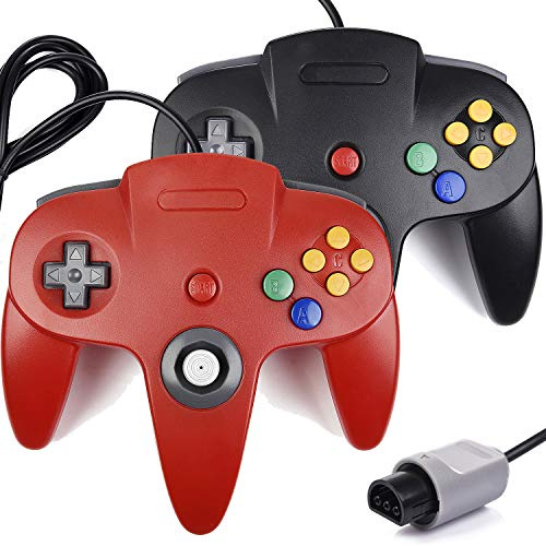 miadore 2 PCS Mando N64 compatible con consola N64,Plug & Play (negro/rojo) | Mando retro con joystick mejorado (No es la versión para PC USB)