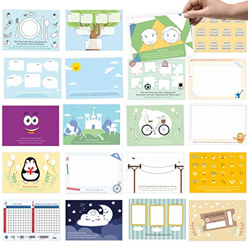 Kipitan 20x Postkarten zum Ausmalen & Gestalten: Grußkarten Set für Kinder - Grüße an Oma, Opa von den Enkel in der Ferne senden - kreativ in Kontakt bleiben.