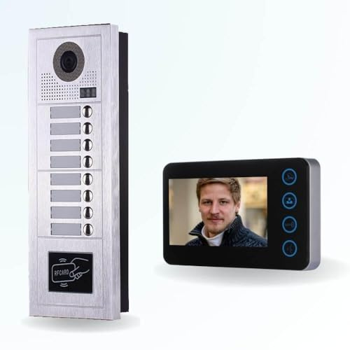 BT Security Portier interphone vidéo Modern 2 Fils - 8 Appartements - 8 écrans Noirs - avec Lecteur de Badge