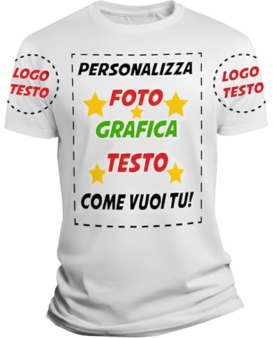 Overthetee T-Shirt Personalizzabile Uomo/Donna/Bambino con Stampa Fronte/Retro/Maniche, Foto Logo Testo, 100% Cotone, Traspirante, Made in Italy