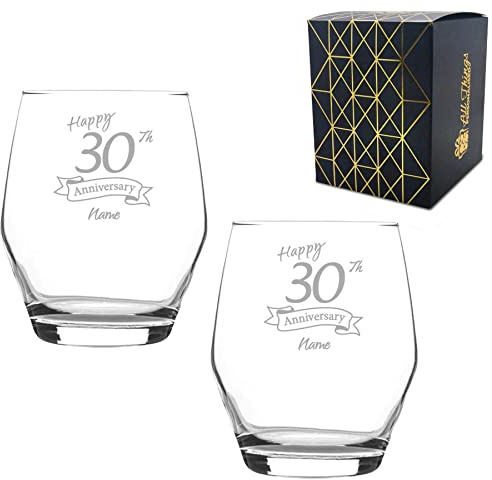 Personalised Engraved 30th Anniversary Glass Set of Two, Ella Whiskey 12.5oz Glass, Engraved in The UK, Personalise with Any Name, Thoughtful Customised Gift