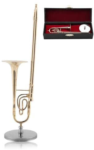 Cyrank Miniatur-Posaune aus Kupfer mit Ständer und Koffer, Mini-Musikinstrument, Miniatur-Replik, vergoldetes Instrumentenmodell, Musikalische Heimdekoration, Ornamente