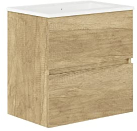 Baikal, Conjunto de baño Natura. Mueble de Baño de Fondo Reducido, con Lavabo cerámico. Distribución Dos Cajones. Mueble MONTADO. Dos Cajones sin Espejo. Fondo 36cm 60 cm Nature