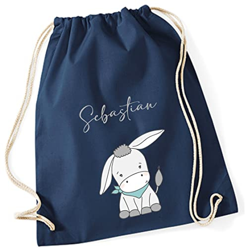 Personalisierter Turnbeutel für Mädchen Jungen mit Namen | Motiv süßer Esel | Stoffbeutel mit Kordel zum Zuziehen | Geschenk-Idee für Kinder