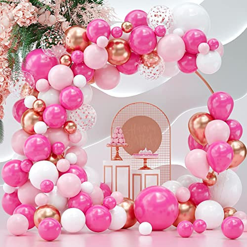 Hot Pink and White Balloon Arch Kit Mixed Sizes 114 pcs SKYIOL Fuchsia Pink Rose Gold Balloon Garland Latex Balloons for Adult Wedding Bridal Shower Valentine's Day Decoration