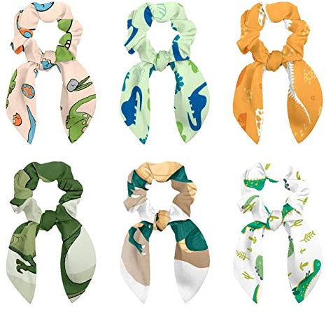 6 Pcs Hair Scrunchies - Dinosaur Palm Leave and Bone Hair Scarf Scrunchy with Ribbon Bow, Elastic Hair Ties Ponytail Holders for Women Teenage Girls