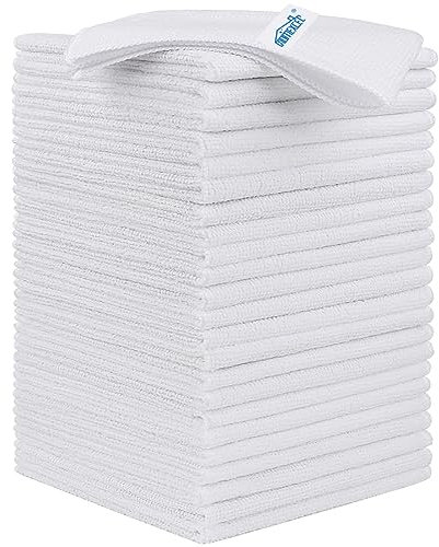 HOMEXCEL Lot de 24 Chiffons de Nettoyage en Microfibre pour Cuisine, Non Pelucheux, Anti-Rayures, très absorbants et réutilisables pour Maison, fenêtre et Verre, Voitures, 30,5 x 30,5 cm, Blanc