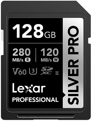 Lexar Silver Pro Carte mémoire SDXC 128 Go UHS-II, C10, U3, V60, Full HD et vidéo 4K, jusqu'à 280 Mo/s de Lecture, pour Photographe Professionnel, vidéaste, Amateur (LSDSIPR128G-BNNNU)