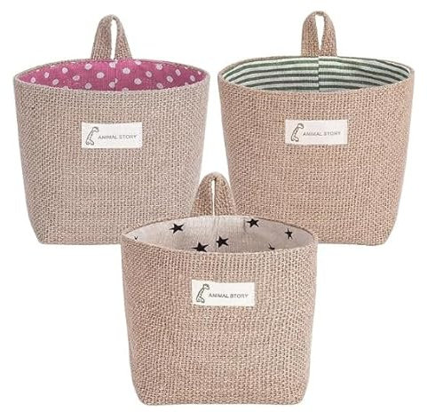 Fahibin 3Pcs Algodón Lino Cesta Plegable, Cesta de Lino con asa, algodón de lino colgante bolsa de almacenamiento para Juguetes, Maquillaje u Objetos Pequeños