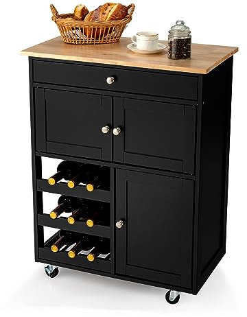 COSTWAY Küchenwagen auf Rollen, Servierwagen mit Schubladen & 3-stöckigem Weinregal & Arbeitsplatte, Küchentrolley Beistellwagen Küchenregal Küchenschrank Rollwagen Kücheninsel Holz (Schwarz)