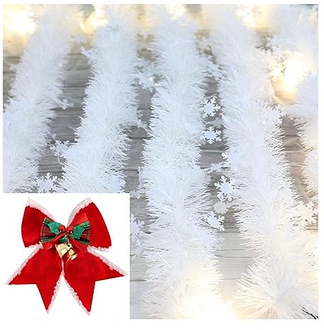 Yurosiay Weiß Schneeflocken Weihnachten Girlande 4m Künstliche Tannengirlande Mit 6 Stück Glockenschleife Weihnachtsbaum Girlande Bunt Schleifen Deko Girlande Winter für Fenster Türen Weiß 5#
