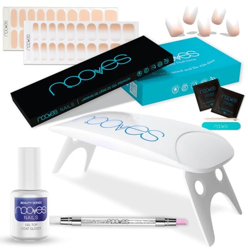 NOOVES Starter Kit: 2 Láminas de Gel + Lámpara Secado + Top Coat + Quartz Dual Stick| 40 uds Beauty Nude, Semicuradas y Veganas con Lima y Palito de Naranjo
