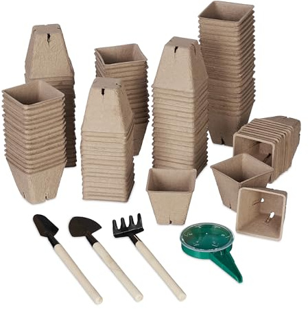 Relaxdays Set 120 Semilleros, Incluye Herramientas, Biodegradables, Macetas de Cultivo, 5,5 x 6 x 6 cm Aprox., Marrón