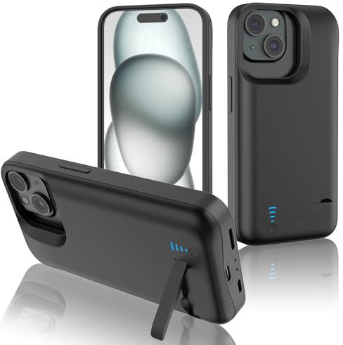 Gladgogo Akku Hülle für iPhone 15(6000 mAh, 6,1 Zoll), Ultra-Schlanke Akkuhülle Wiederaufladbar Batterie mit Handyhalter und Schutzfolie, Tragbares Batterieladegerät Hülle für iPhone 15, Schwarz